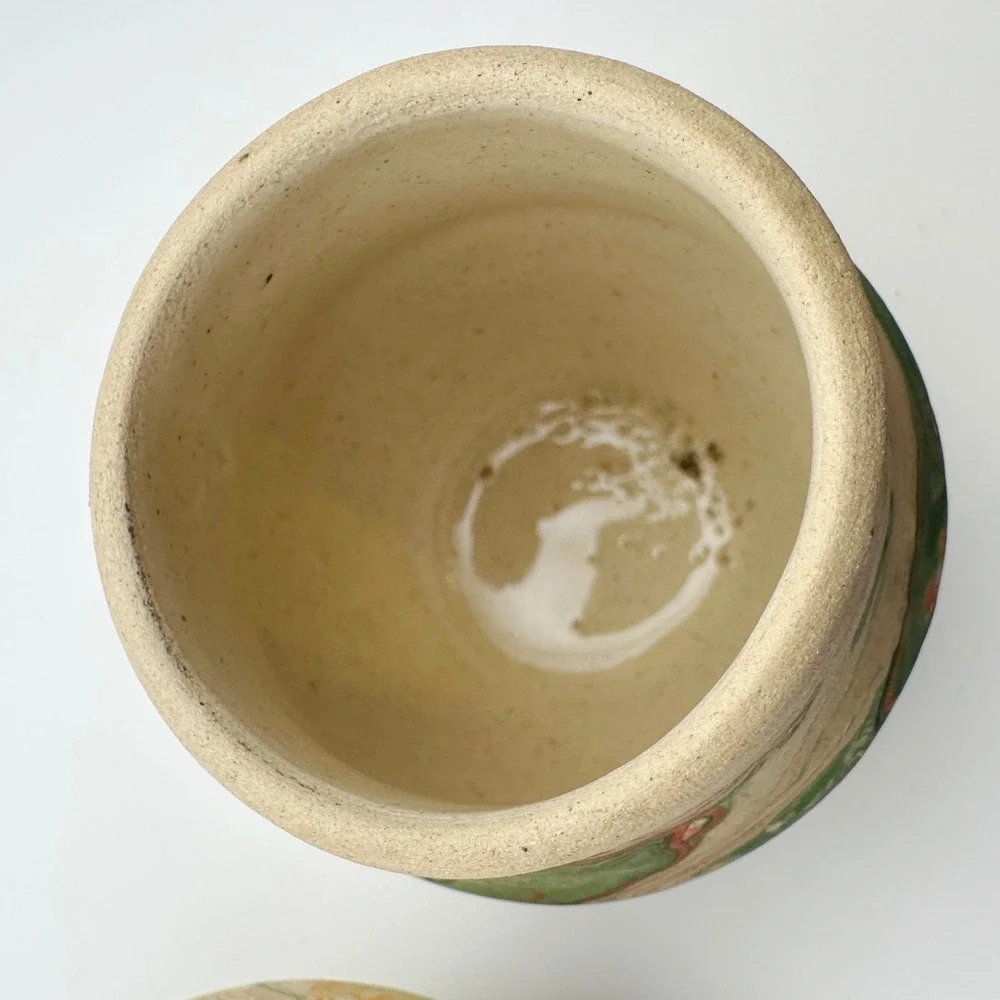 Nemadji Indian Pottery‎ Swirl Vases Pair Small Green Brown Native Clay USA